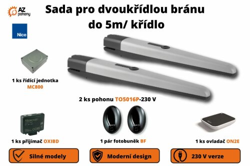 Sada pro dvoukřídlou bránu do 5m/křídla, 2x TO5016P-230 V, 385 W, 3200 N, 1x MC800, 1x OXIBD, 1x ON2E, 1x BF, zvýšená síla pro větší zatížení